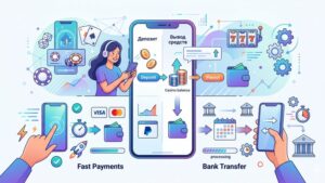 Иллюстрация с иконками мобильных платежей, смартфона и графиками скорости депозитов и выплат.