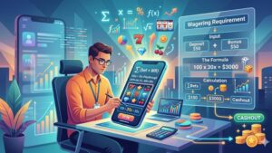 Иллюстрация с математическими формулами и смартфоном для статьи о требованиях к вейджеру в слотах