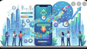 Современная иллюстрация смартфона с иконками платежных систем и графиками скорости денежных переводов