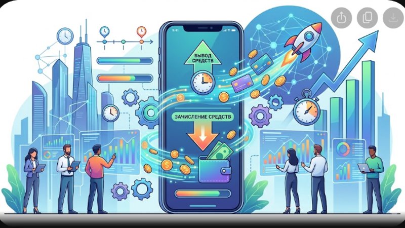 Современная иллюстрация смартфона с иконками платежных систем и графиками скорости денежных переводов