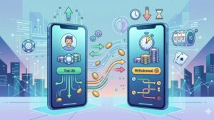 Иллюстрация с изображением смартфона и иконок платежей для статьи о скорости мобильных транзакций