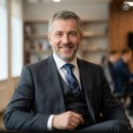 Профессиональный портрет уверенного российского бизнесмена с дружелюбным взглядом на размытом нейтральном фоне